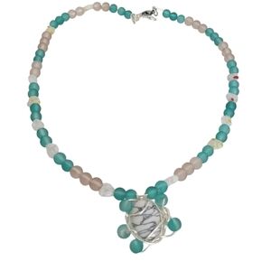 Silver Plated Millefiori Lampwork Hearts Howlite Frosted Glass Necklace